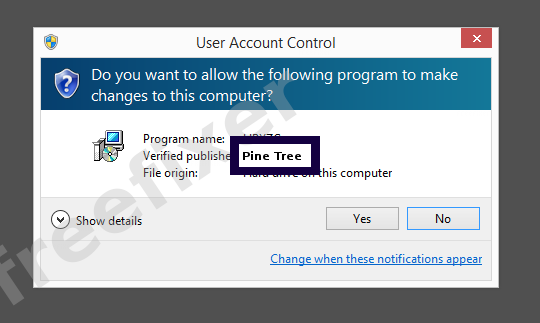 Screenshot where Pine Tree appears as the verified publisher in the UAC dialog